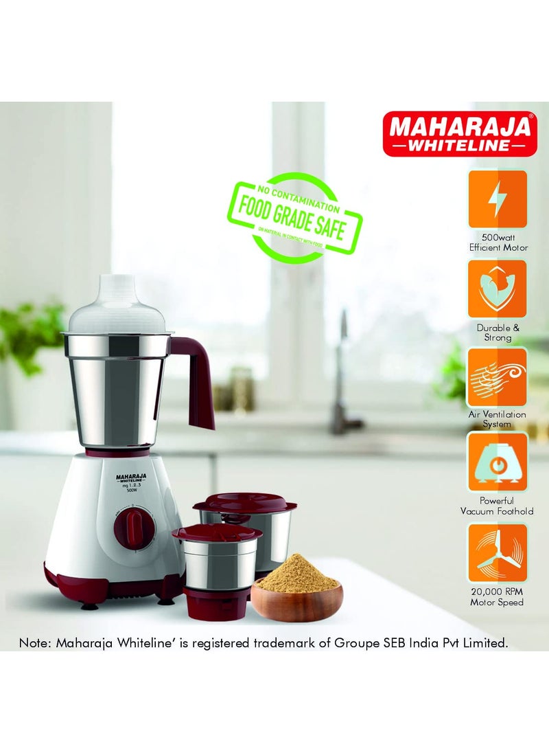 Maharaja Whiteline MG 123, 500W Mixer Grinder with 3 Jars (Cherry Red & White), Standard, MG 1.2.3 / MX-237