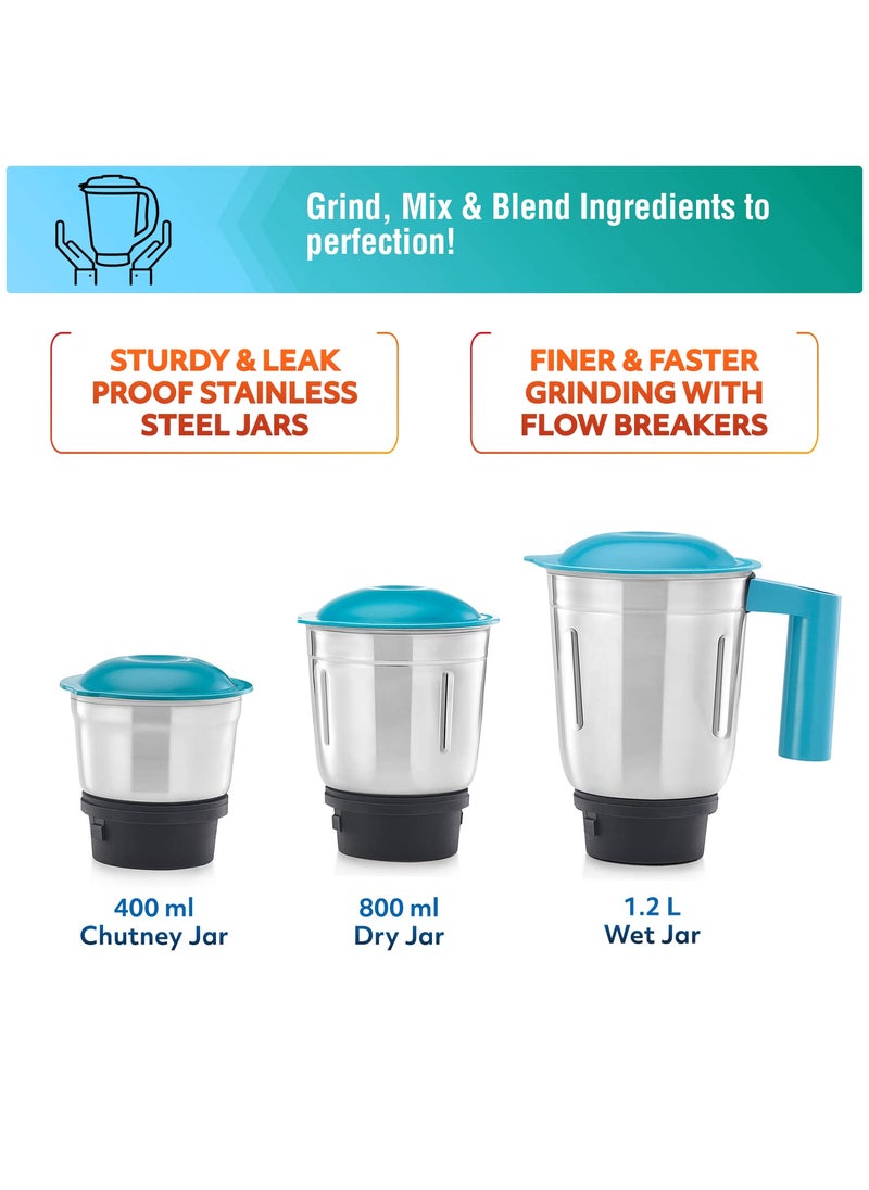 USHA Rapidmix 500-Watt Copper Motor Mixer Grinder With 3 Jars And 2 Years Product Warranty & 5 Years Motor Warranty (Sea Green/White), 500 Watt