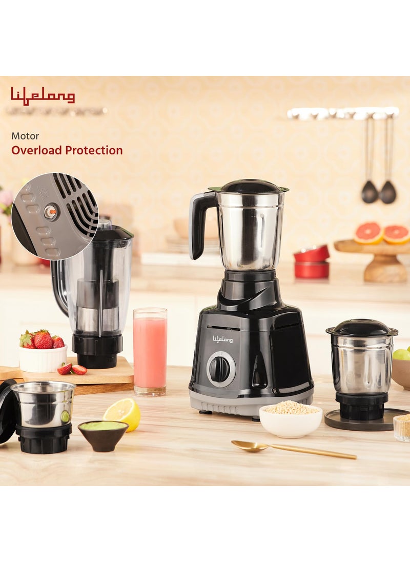 Lifelong Juicer Mixer Grinder for Kitchen - 4 Jars 750 Watt Mixie - Juicer with Fruit Filter, Grinding Jar, Chutney Jar & Liquidizing Jar used as Wet Grinder & Blender - Stainless Steel Blades(LLMG75)