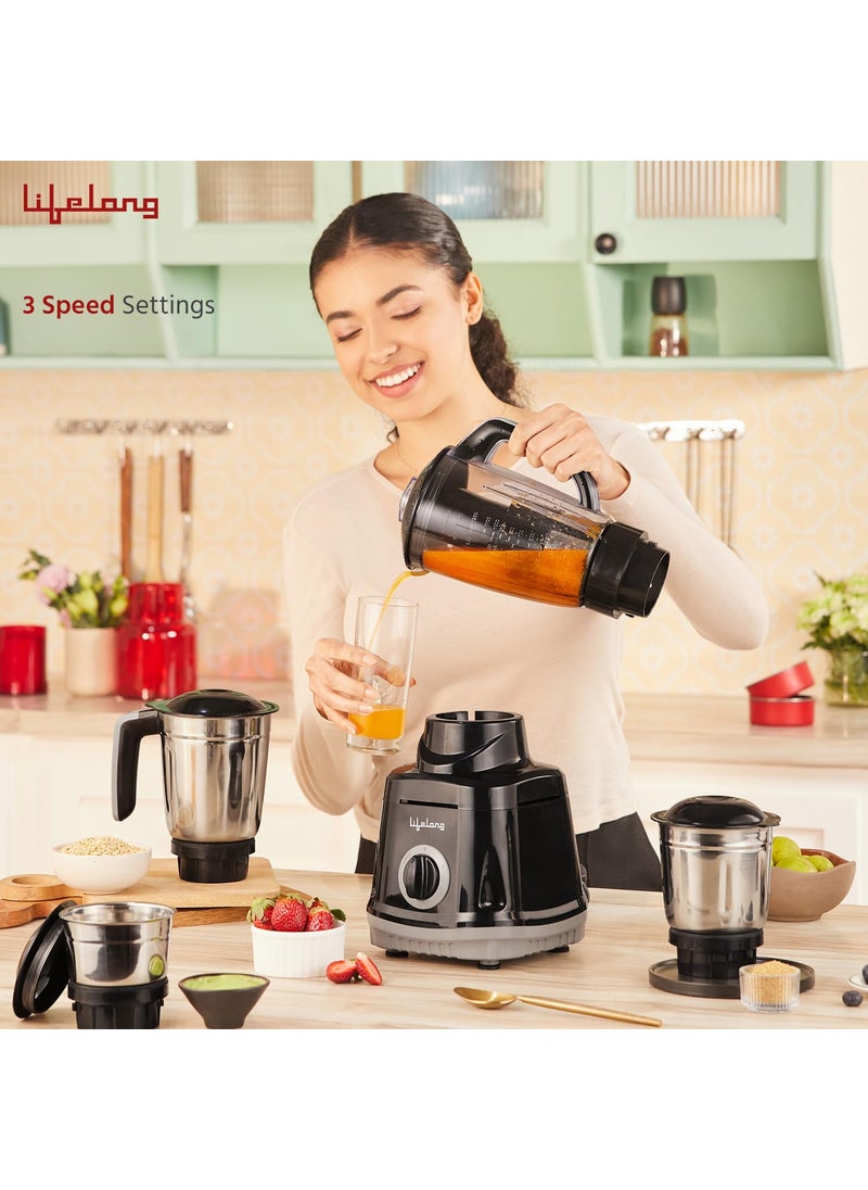 Lifelong Juicer Mixer Grinder for Kitchen - 4 Jars 750 Watt Mixie - Juicer with Fruit Filter, Grinding Jar, Chutney Jar & Liquidizing Jar used as Wet Grinder & Blender - Stainless Steel Blades(LLMG75)