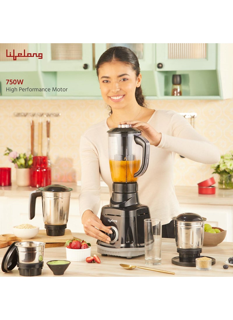 Lifelong Juicer Mixer Grinder for Kitchen - 4 Jars 750 Watt Mixie - Juicer with Fruit Filter, Grinding Jar, Chutney Jar & Liquidizing Jar used as Wet Grinder & Blender - Stainless Steel Blades(LLMG75)