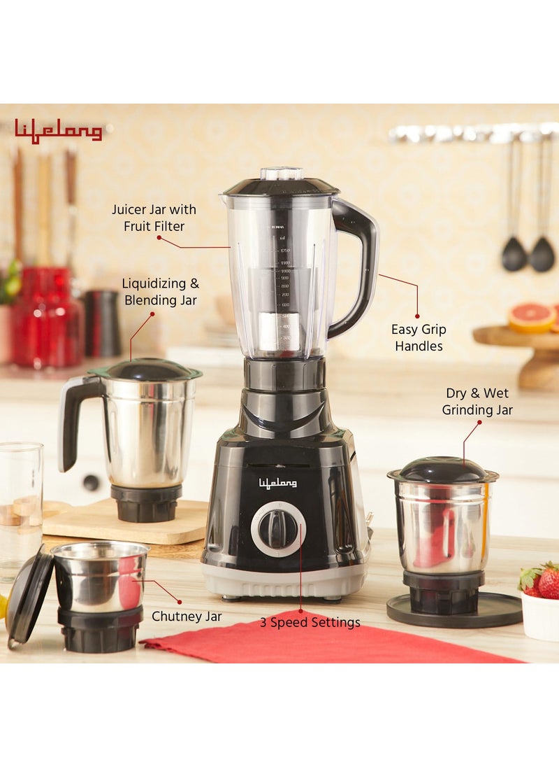 Lifelong Juicer Mixer Grinder for Kitchen - 4 Jars 750 Watt Mixie - Juicer with Fruit Filter, Grinding Jar, Chutney Jar & Liquidizing Jar used as Wet Grinder & Blender - Stainless Steel Blades(LLMG75)