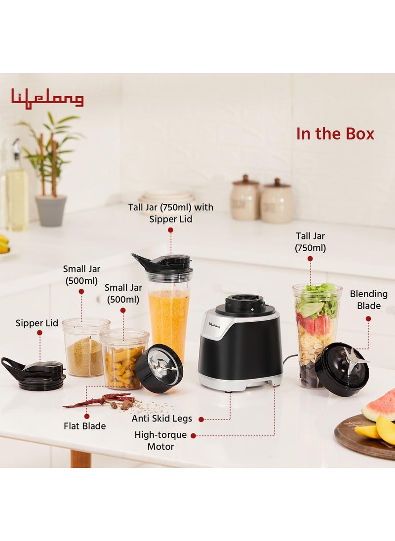 Lifelong 700 Watts Nutri Blender for Smoothie and Juices - 4 Bullet Jars 700 & 500ml - 100% Copper Motor Bullet Mixer Grinder for Kitchen - Smoothie Maker with Sipper Jar - Stainless Steel Blades
