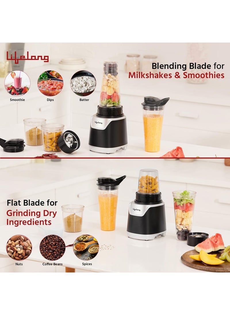 Lifelong 700 Watts Nutri Blender for Smoothie and Juices - 4 Bullet Jars 700 & 500ml - 100% Copper Motor Bullet Mixer Grinder for Kitchen - Smoothie Maker with Sipper Jar - Stainless Steel Blades