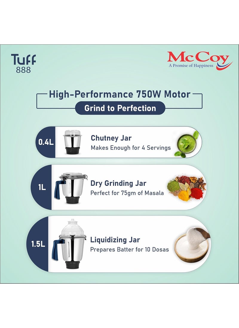 McCoy Tuff 888 750 Watt Mixer Grinder with 3 Jars | Clip Lid Lock | Hands Free | Superfast Smooth Grinding | Less Noise