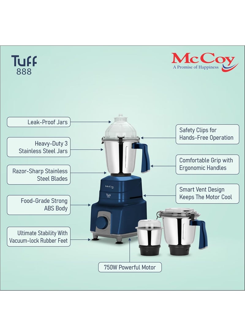 McCoy Tuff 888 750 Watt Mixer Grinder with 3 Jars | Clip Lid Lock | Hands Free | Superfast Smooth Grinding | Less Noise