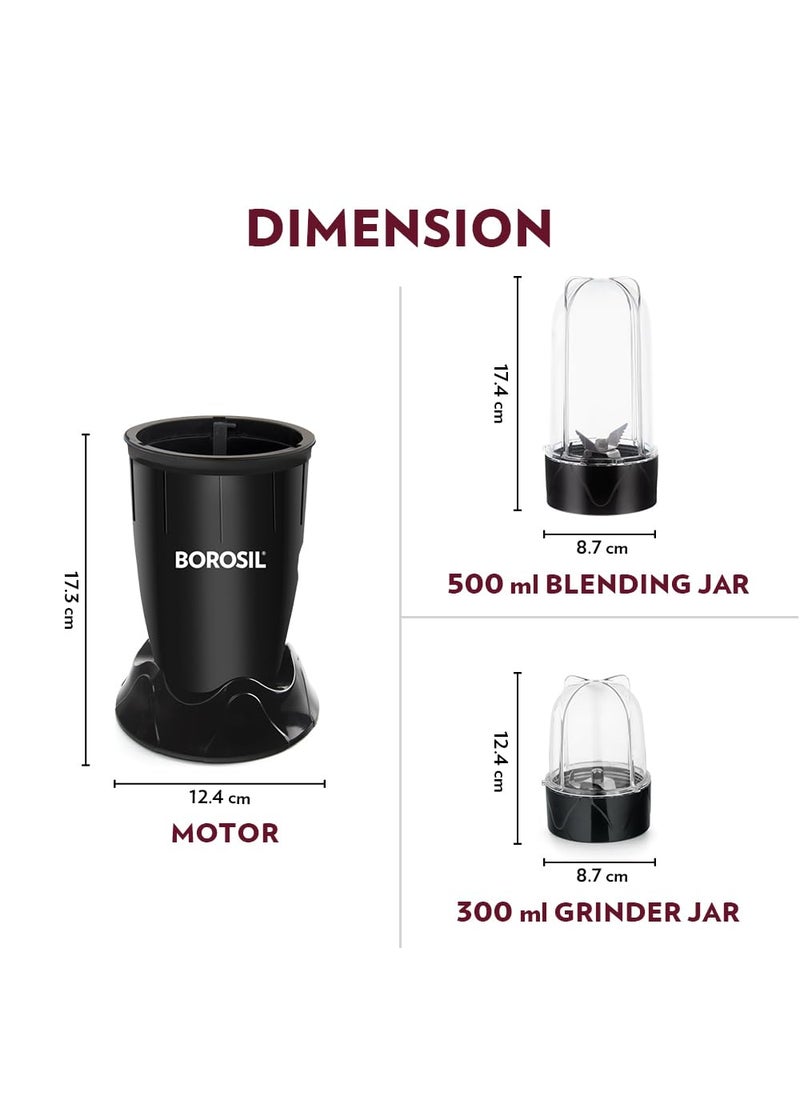 Borosil NutriFresh Portable Mini-Blender & Grinder, 500 ml Blending Jar, 300 ml Chutney Jar, For Blending Smoothies & Chutneys, Dry Grinding Spices, Black, 400 W