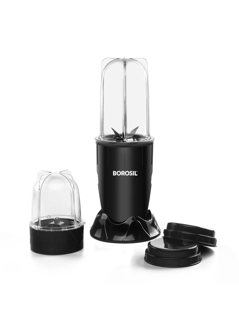 Borosil NutriFresh Portable Mini-Blender & Grinder, 500 ml Blending Jar, 300 ml Chutney Jar, For Blending Smoothies & Chutneys, Dry Grinding Spices, Black, 400 W