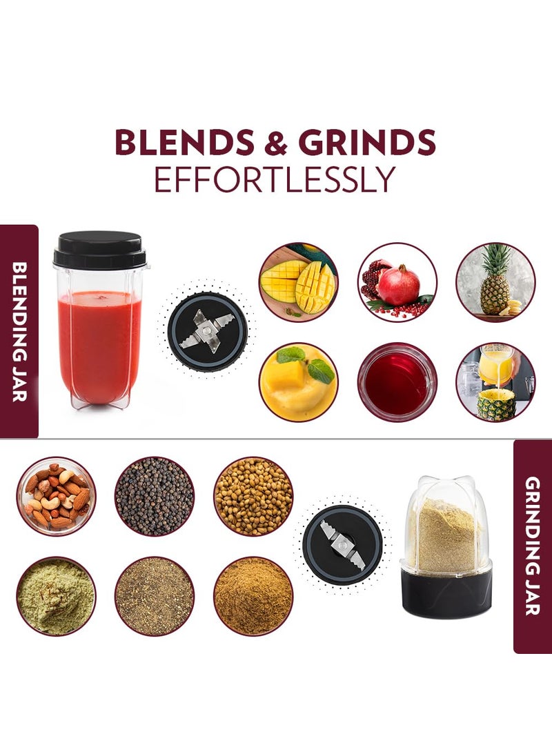 Borosil NutriFresh Portable Mini-Blender & Grinder, 500 ml Blending Jar, 300 ml Chutney Jar, For Blending Smoothies & Chutneys, Dry Grinding Spices, Black, 400 W