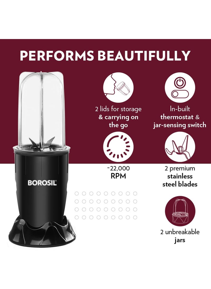 Borosil NutriFresh Portable Mini-Blender & Grinder, 500 ml Blending Jar, 300 ml Chutney Jar, For Blending Smoothies & Chutneys, Dry Grinding Spices, Black, 400 W