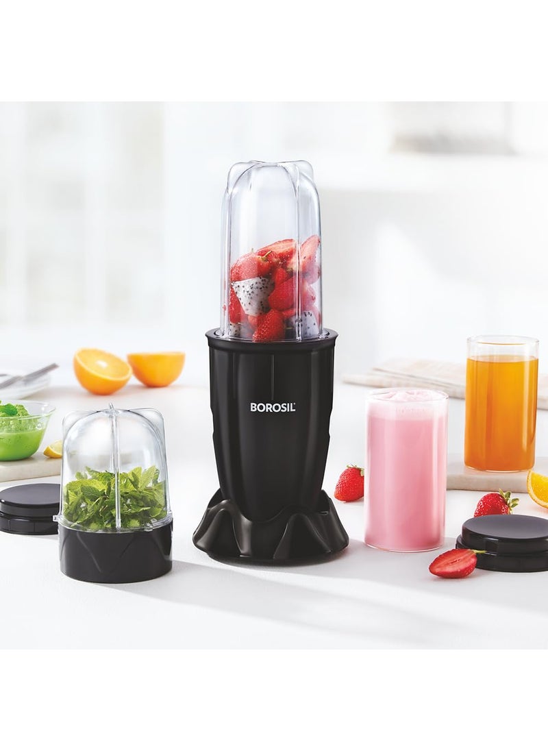 Borosil NutriFresh Portable Mini-Blender & Grinder, 500 ml Blending Jar, 300 ml Chutney Jar, For Blending Smoothies & Chutneys, Dry Grinding Spices, Black, 400 W