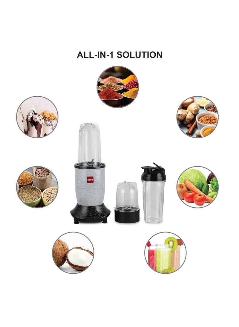 Cello Frutomix Nutri Blend Pro + | Multi-purpose Blender | (2 multipurpose Jar with 1 sipper bottle) Set of 3 | Smoothie Maker | 500 W Copper Motor | SS Blades | Grey