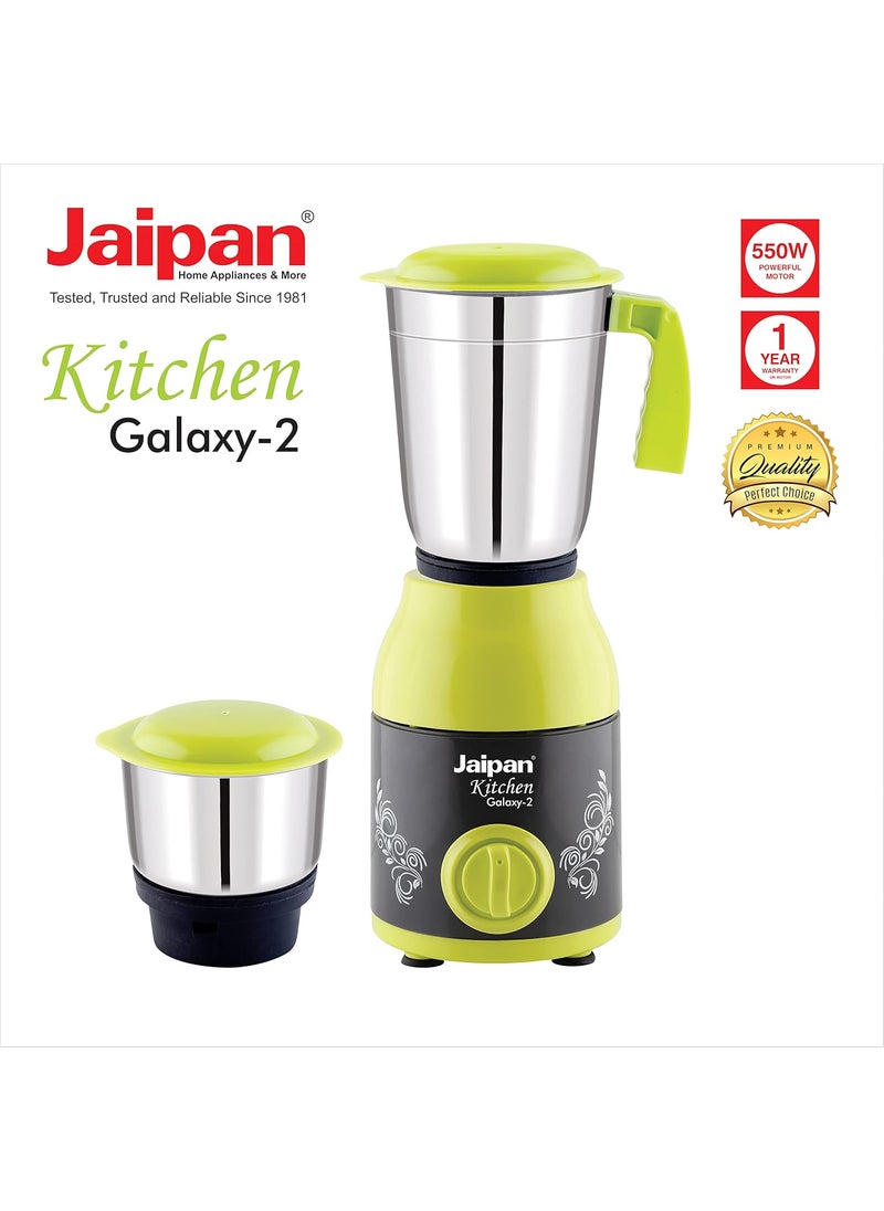 Jaipan Kitchen Galaxy-2 Mixer Grinder 550 Watt with 2 Jar, 3 Speed Pulse function, 50% tougher spring steel,virgin ABS sleek body,2 Years Product Warranty,Bright Green & Black