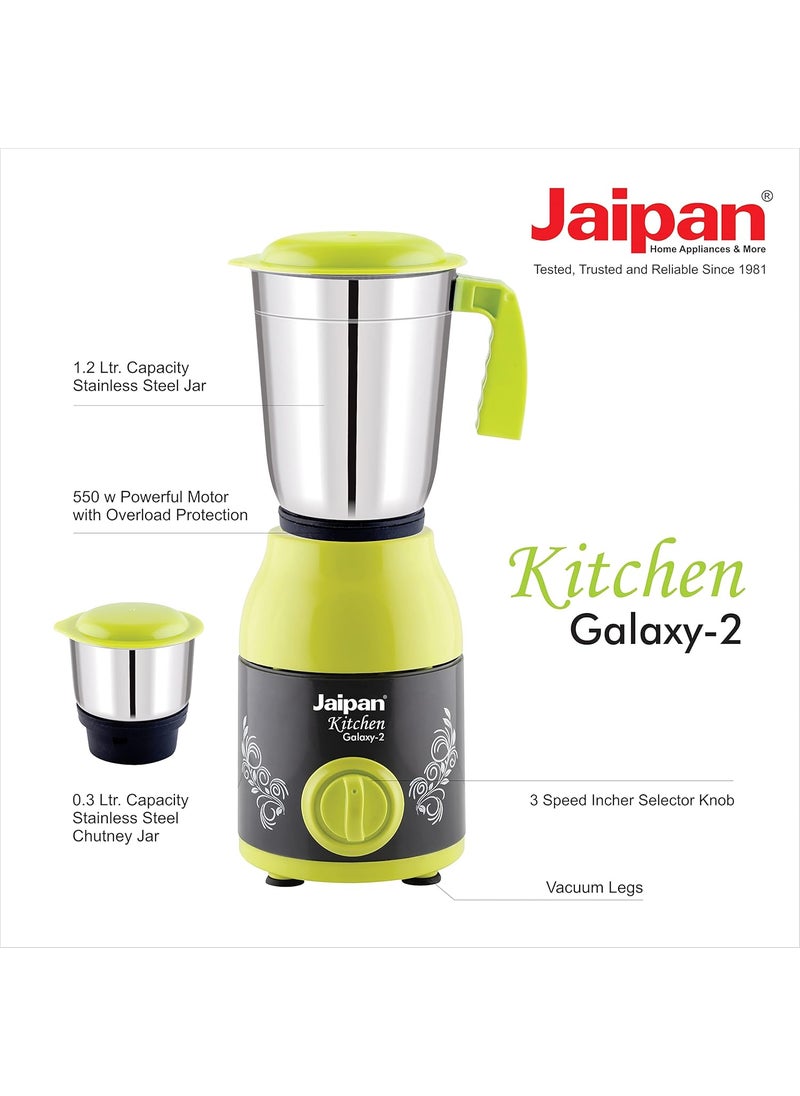 Jaipan Kitchen Galaxy-2 Mixer Grinder 550 Watt with 2 Jar, 3 Speed Pulse function, 50% tougher spring steel,virgin ABS sleek body,2 Years Product Warranty,Bright Green & Black