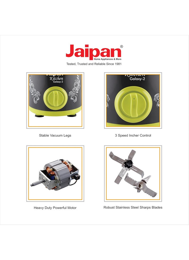 Jaipan Kitchen Galaxy-2 Mixer Grinder 550 Watt with 2 Jar, 3 Speed Pulse function, 50% tougher spring steel,virgin ABS sleek body,2 Years Product Warranty,Bright Green & Black