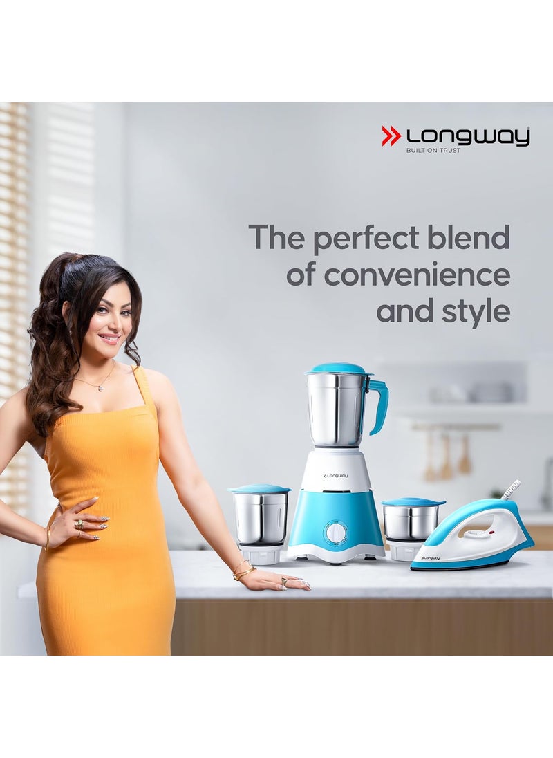 Longway Super Dlx 700 W Mixer Grinder with 3 Jars (Powerful Motor with 1 Year warranty White & Blue) & Kwid 750 W Dry Iron (White & Blue)