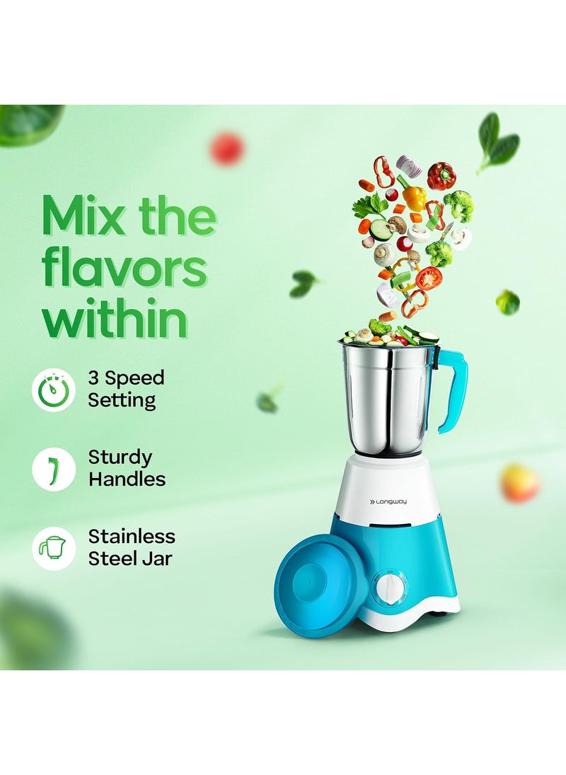 Longway Super Dlx 700 W Mixer Grinder with 3 Jars (Powerful Motor with 1 Year warranty White & Blue) & Kwid 750 W Dry Iron (White & Blue)