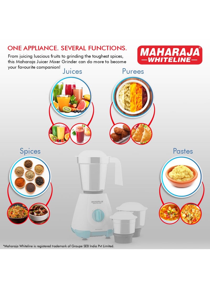 Maharaja Whiteline Novamixx 500 Watts Mx-277 Mixer Grinder With 3 Jars, Multicolor