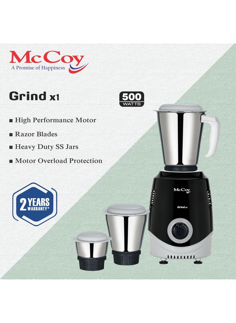 McCoy Mixer Grinder | Grind X1 500W with 3 SS jars | Longer life Universal Hybrid Motor | ABS Body | Uniform Grinding | Black & Grey