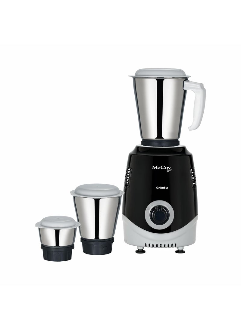 McCoy Mixer Grinder | Grind X1 500W with 3 SS jars | Longer life Universal Hybrid Motor | ABS Body | Uniform Grinding | Black & Grey