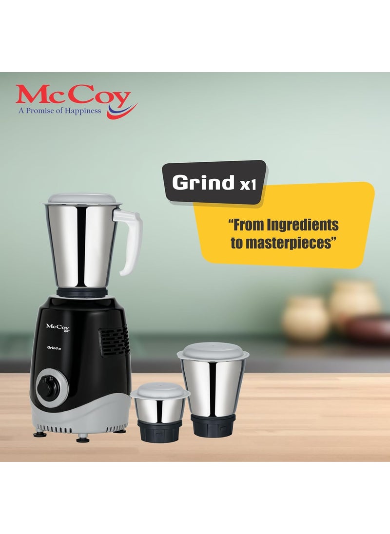 McCoy Mixer Grinder | Grind X1 500W with 3 SS jars | Longer life Universal Hybrid Motor | ABS Body | Uniform Grinding | Black & Grey