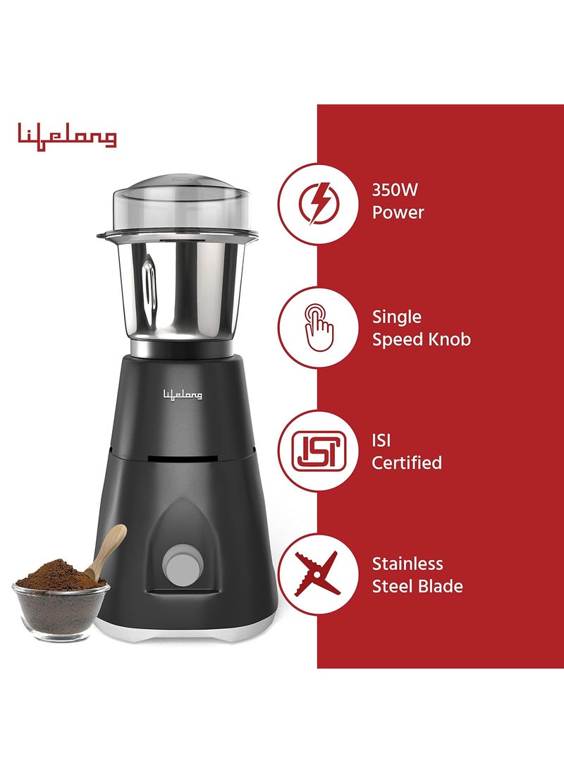 Lifelong Uno LX 350 Watt Mixer Grinder, 1 Jar | ABS Body, Stainless Steel Blade (1 Year Warranty, Grey)