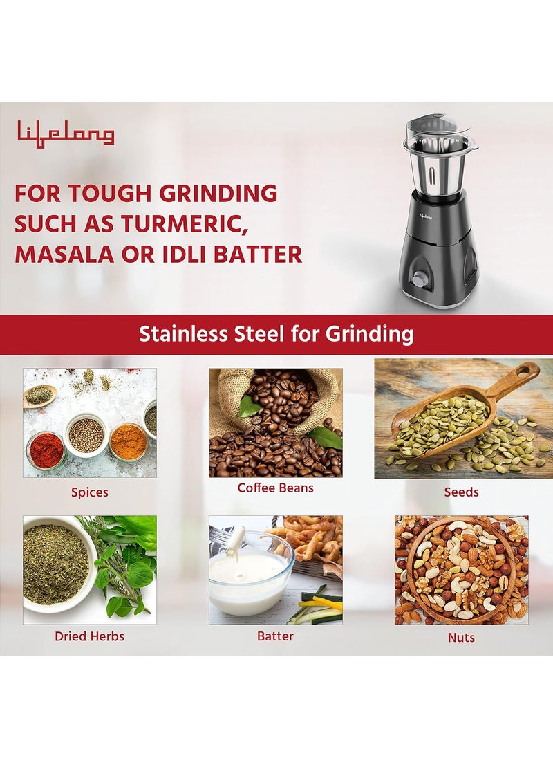 Lifelong Uno LX 350 Watt Mixer Grinder, 1 Jar | ABS Body, Stainless Steel Blade (1 Year Warranty, Grey)