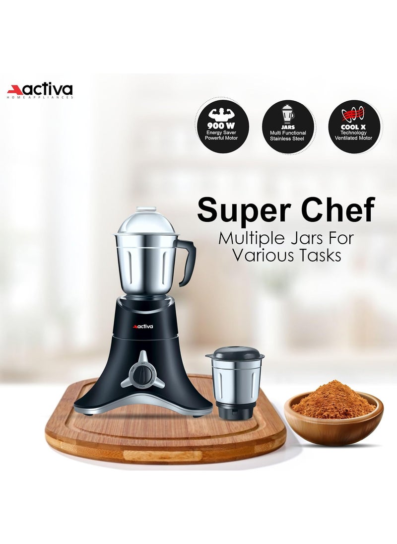 ACTIVA ABS Super Chef 900 Watts Powerful Motor Mixer Grinder With 4 Jars | 2 Years Motor, Black