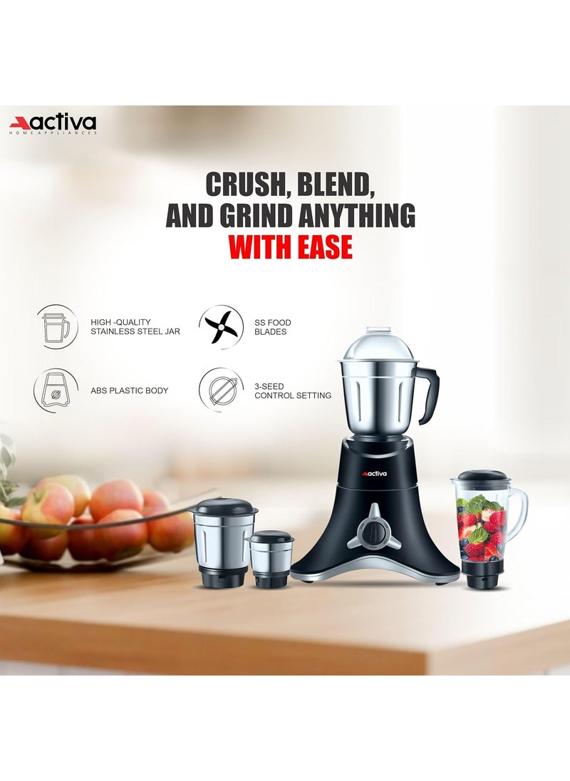 ACTIVA ABS Super Chef 900 Watts Powerful Motor Mixer Grinder With 4 Jars | 2 Years Motor, Black