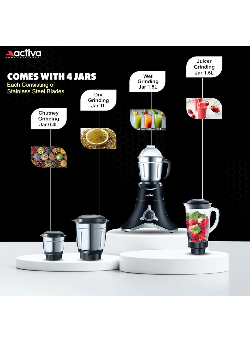 ACTIVA ABS Super Chef 900 Watts Powerful Motor Mixer Grinder With 4 Jars | 2 Years Motor, Black