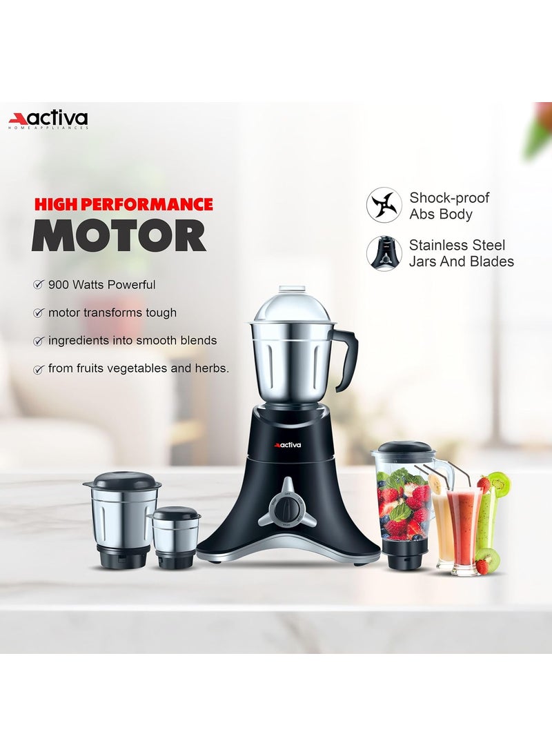 ACTIVA ABS Super Chef 900 Watts Powerful Motor Mixer Grinder With 4 Jars | 2 Years Motor, Black