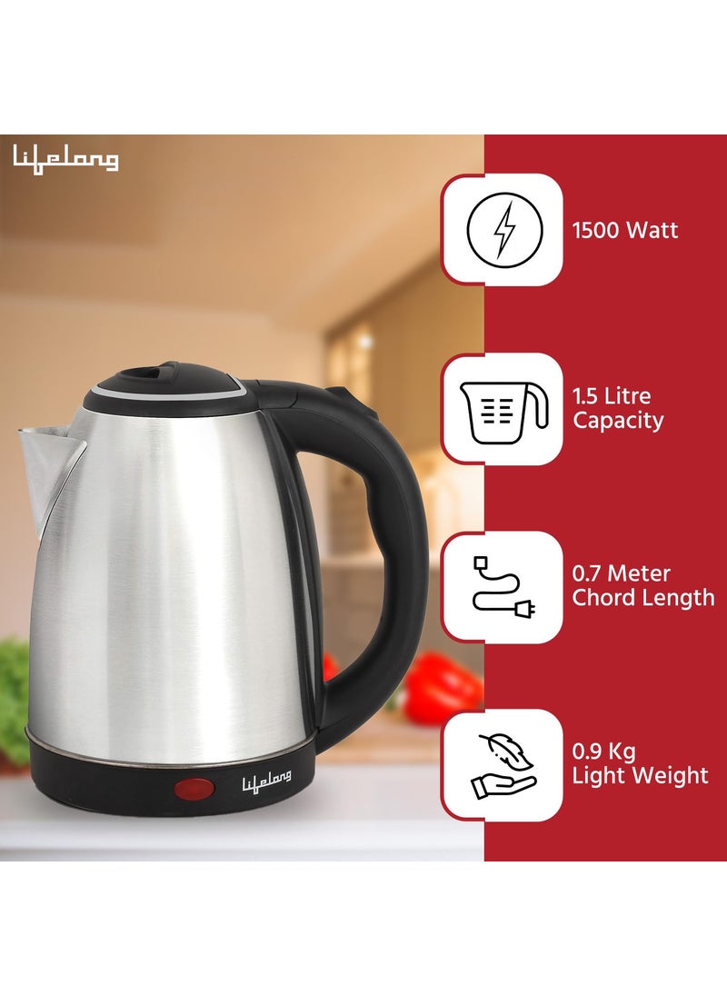 Lifelong Stainless Steel Mixer Grinder 500 W (2 Jar, Black) With Electric Kettle 1.5 Litre 1500W For Boiling Water, Soup (Silver) Super Combo | Combo For, 1.5 Liter, 500 Watt