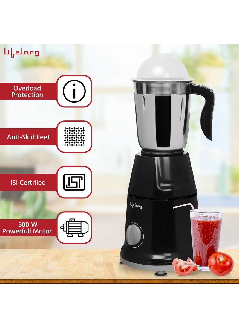 Lifelong Stainless Steel Mixer Grinder 500 W (2 Jar, Black) With Electric Kettle 1.5 Litre 1500W For Boiling Water, Soup (Silver) Super Combo | Combo For, 1.5 Liter, 500 Watt