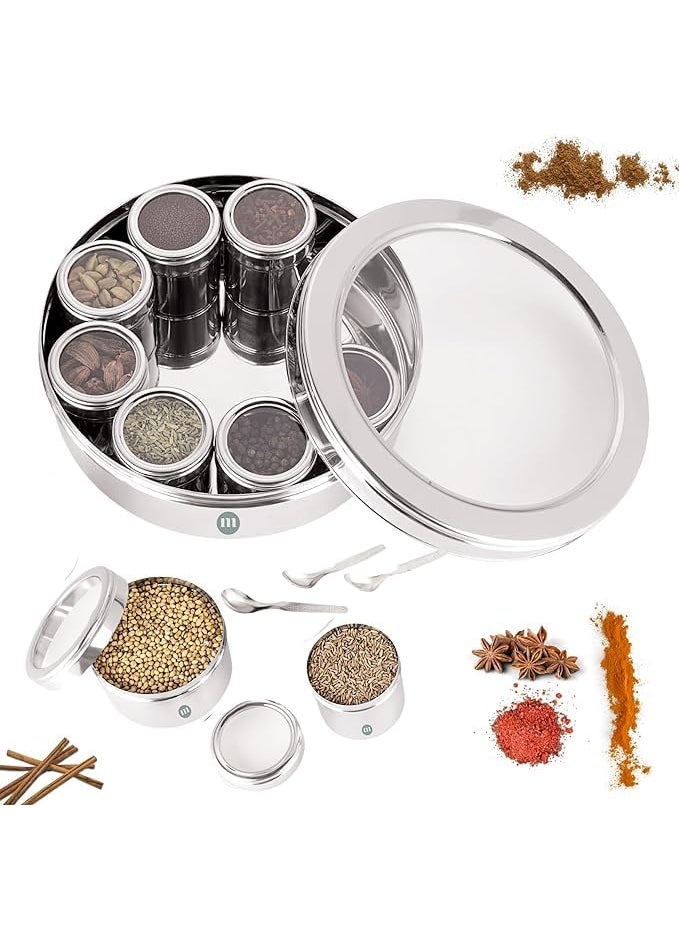 MARU 9 in 1 Spice Box Stainless Steel stylish Extra Large | Masala Box for Kitchen Steel | Masala Dabba Steel | Masala Dani for Kitchen | See through lid 9 containers, 3 Spoons(22.5cms) Silver