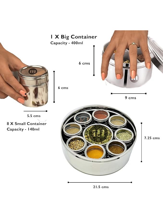 MARU 9 in 1 Spice Box Stainless Steel stylish Extra Large | Masala Box for Kitchen Steel | Masala Dabba Steel | Masala Dani for Kitchen | See through lid 9 containers, 3 Spoons(22.5cms) Silver