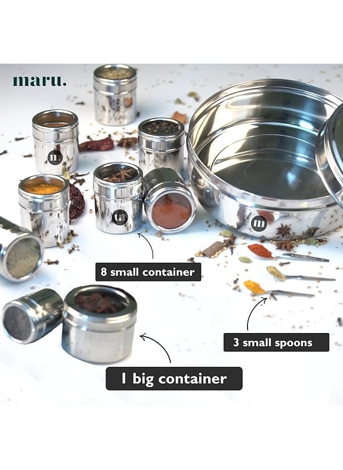 MARU 9 in 1 Spice Box Stainless Steel stylish Extra Large | Masala Box for Kitchen Steel | Masala Dabba Steel | Masala Dani for Kitchen | See through lid 9 containers, 3 Spoons(22.5cms) Silver