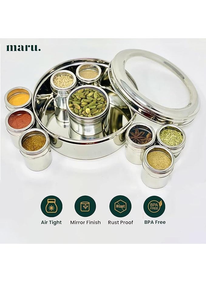MARU 9 in 1 Spice Box Stainless Steel stylish Extra Large | Masala Box for Kitchen Steel | Masala Dabba Steel | Masala Dani for Kitchen | See through lid 9 containers, 3 Spoons(22.5cms) Silver