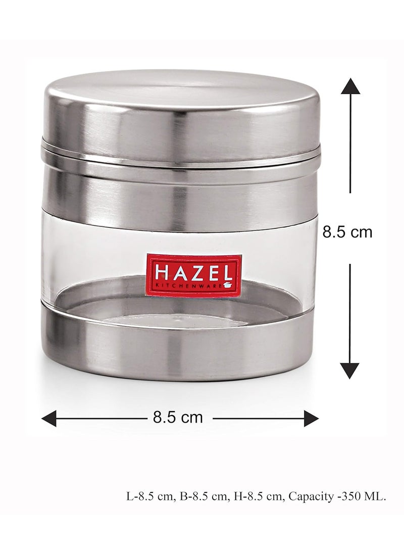 HAZEL Stainless Steel Masala Container | 350 ml Transparent Masala Boxes for Kitchen | See Through Small Container for Spices | Color Box with Matt Finish, Set of 6