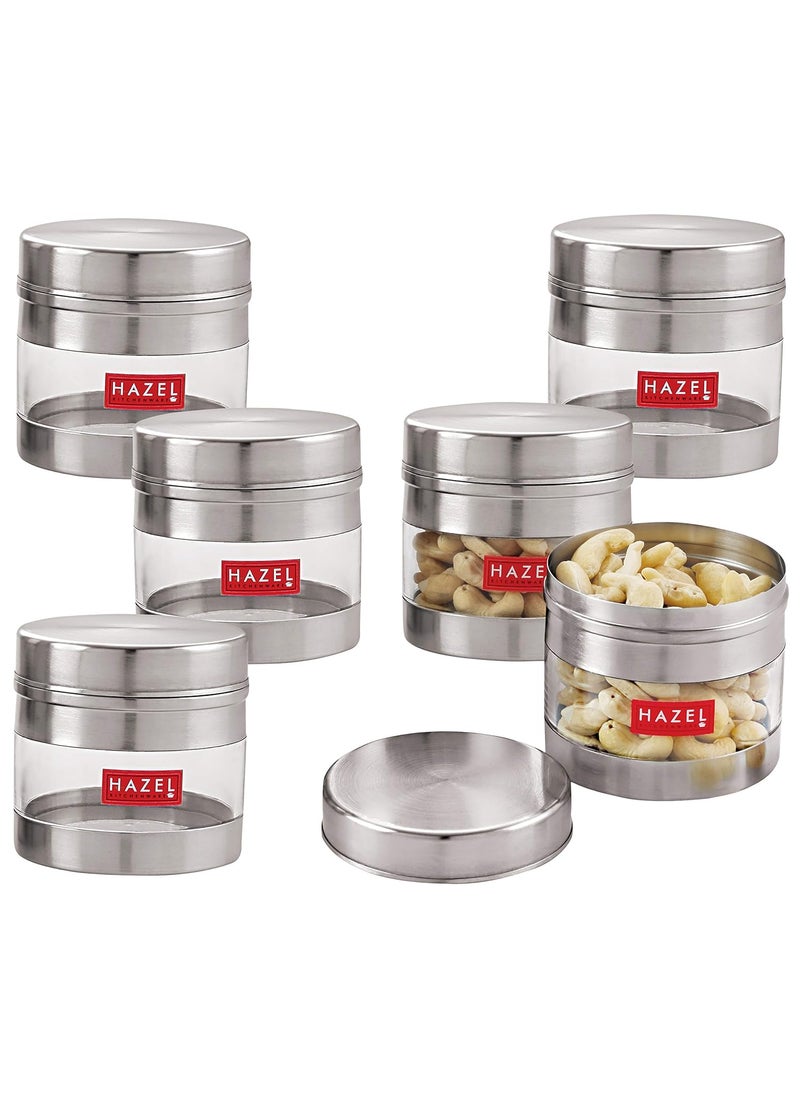 HAZEL Stainless Steel Masala Container | 350 ml Transparent Masala Boxes for Kitchen | See Through Small Container for Spices | Color Box with Matt Finish, Set of 6