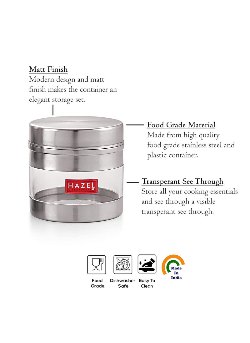 HAZEL Stainless Steel Masala Container | 350 ml Transparent Masala Boxes for Kitchen | See Through Small Container for Spices | Color Box with Matt Finish, Set of 6