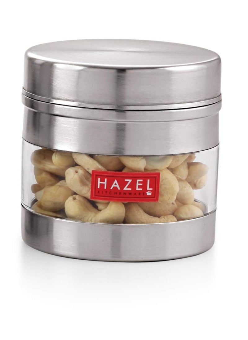 HAZEL Stainless Steel Masala Container | 350 ml Transparent Masala Boxes for Kitchen | See Through Small Container for Spices | Color Box with Matt Finish, Set of 6