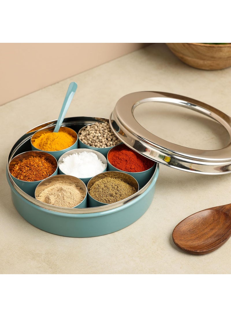 dudki Homes Stainless Steel Masala Dabba Masaladani | Spice Box For Kitchen | Masala Dani With See Through Lid With 7 Containers And A Small Spoon- Moss-Green