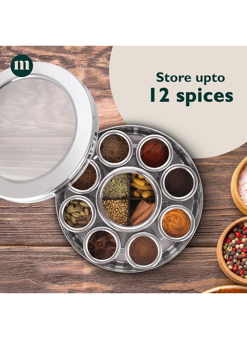 MARU Extra Large 12 in 1 Spice Box for kitchen with Threaded Lids | Masala Box For Kitchen Steel | Masala Container For Kitchen See Through Lid (Size 14 Extra Large 24.5cms) Silver