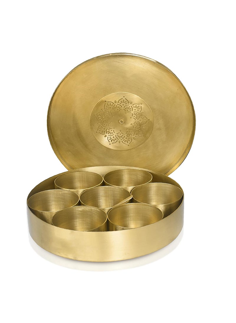 Pure Source India Brass Spice Box Set For Kitchen With Spoon (7 Containers,125 ml Each) with 1 spoon