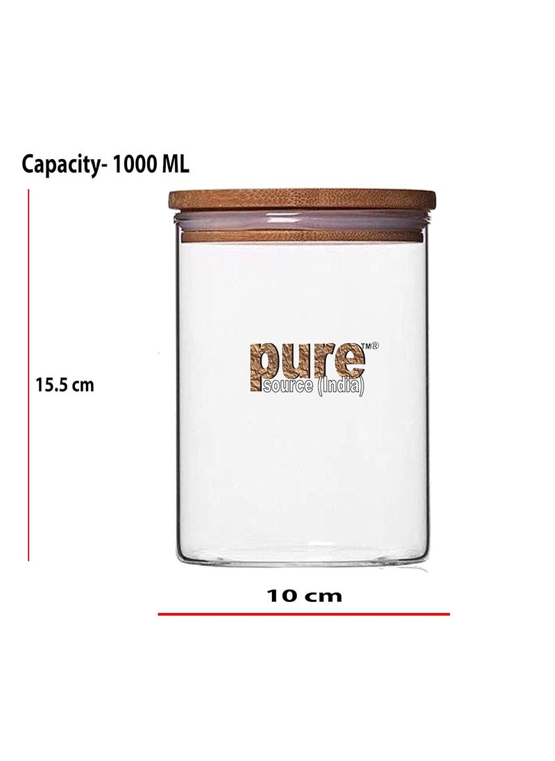 Pure Source India Borosilicate Glass Jar Container, BPA Free, Food Safe, with Airtight Bamboo Lid, 4 Pieces Jar and 1 Wooden Spoon (Clear, Capacity - 1 Ltr Each)