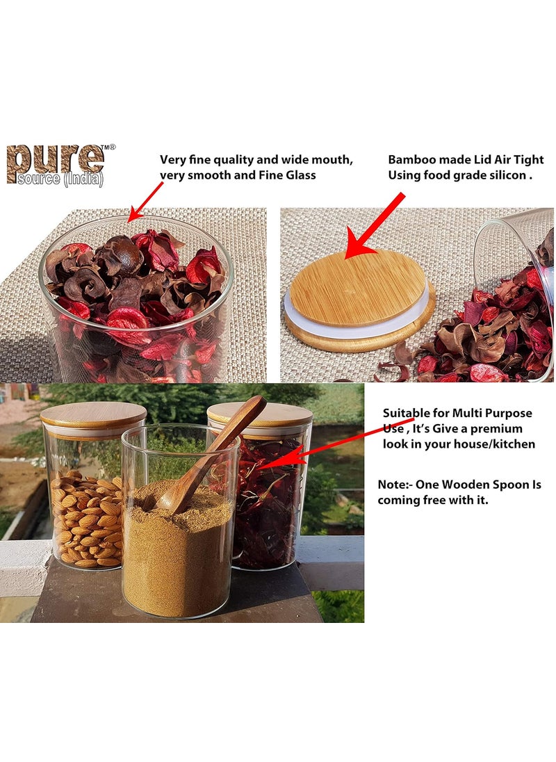 Pure Source India Borosilicate Glass Jar Container, BPA Free, Food Safe, with Airtight Bamboo Lid, 4 Pieces Jar and 1 Wooden Spoon (Clear, Capacity - 1 Ltr Each)