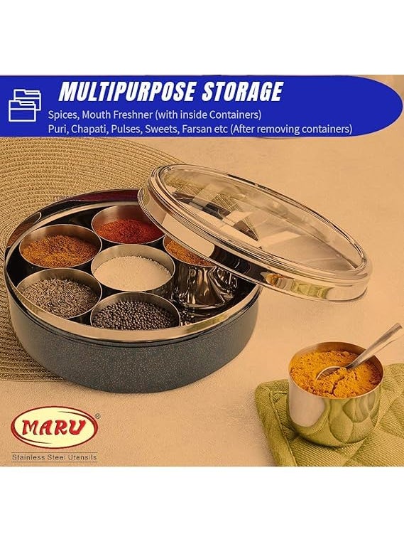 MARU Durable Stainless Steel Masala box for kitchen Dark Blue Colored, Spice storage Box for Kitchen with see-through lid, Masala dabba, Spices storage Steel container (Small Size 11, 19cms)