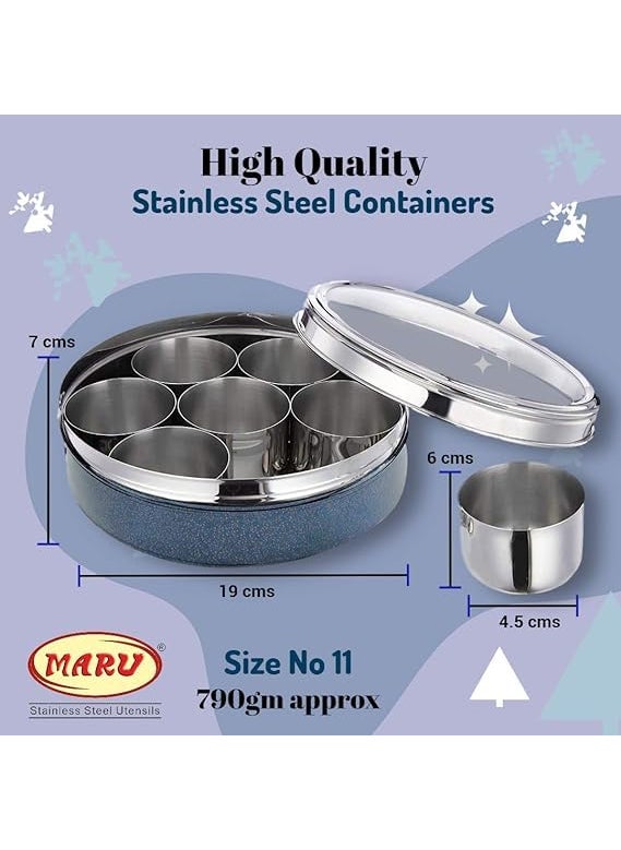 MARU Durable Stainless Steel Masala box for kitchen Dark Blue Colored, Spice storage Box for Kitchen with see-through lid, Masala dabba, Spices storage Steel container (Small Size 11, 19cms)