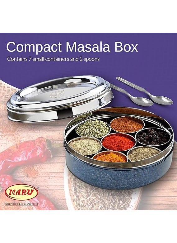 MARU Durable Stainless Steel Masala box for kitchen Dark Blue Colored, Spice storage Box for Kitchen with see-through lid, Masala dabba, Spices storage Steel container (Small Size 11, 19cms)