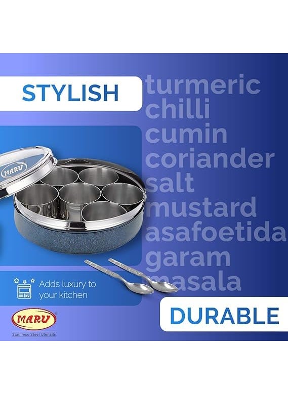 MARU Durable Stainless Steel Masala box for kitchen Dark Blue Colored, Spice storage Box for Kitchen with see-through lid, Masala dabba, Spices storage Steel container (Small Size 11, 19cms)